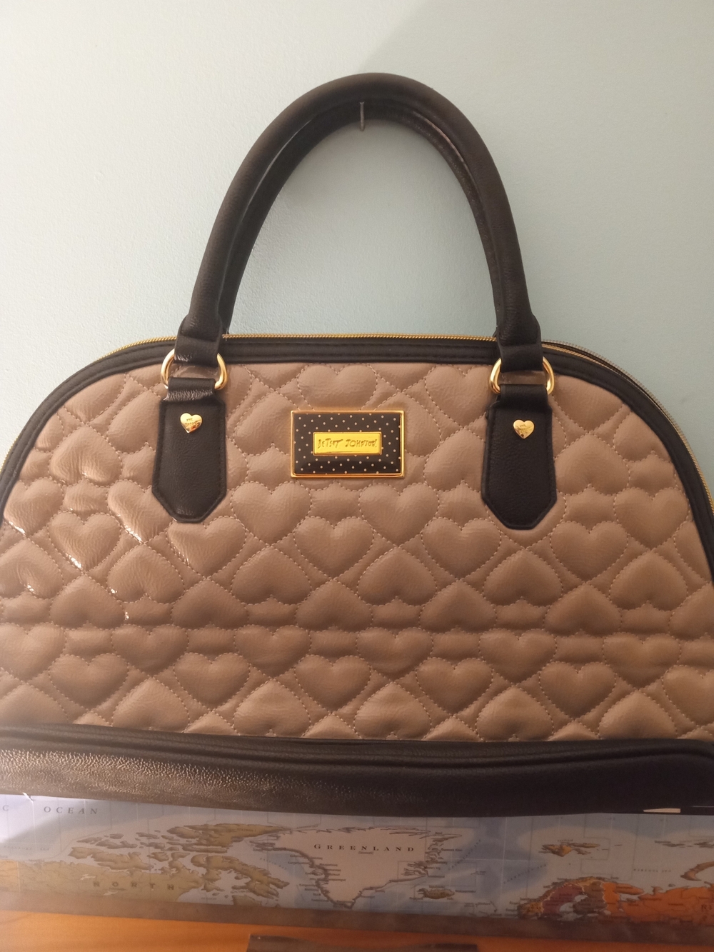 Betsey Johnson Taupe Quilted Heart Dome Bag with Black Handles